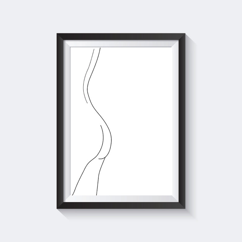 A minimalistic line drawing of a female buttock in black and white
