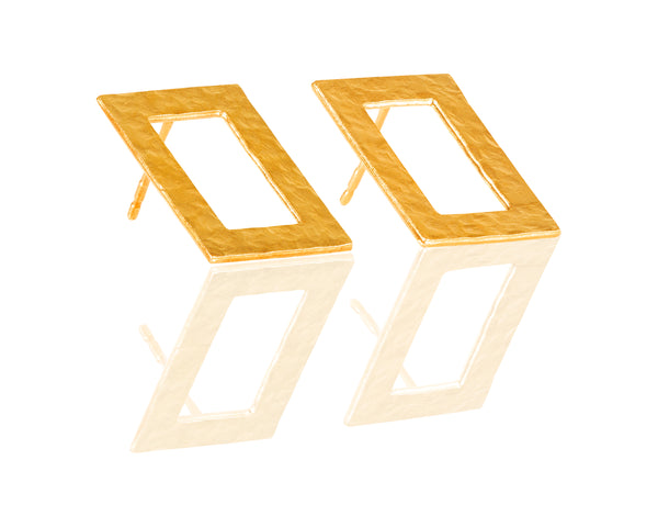 Hollow rectangle earrings set in gold close to the ear
