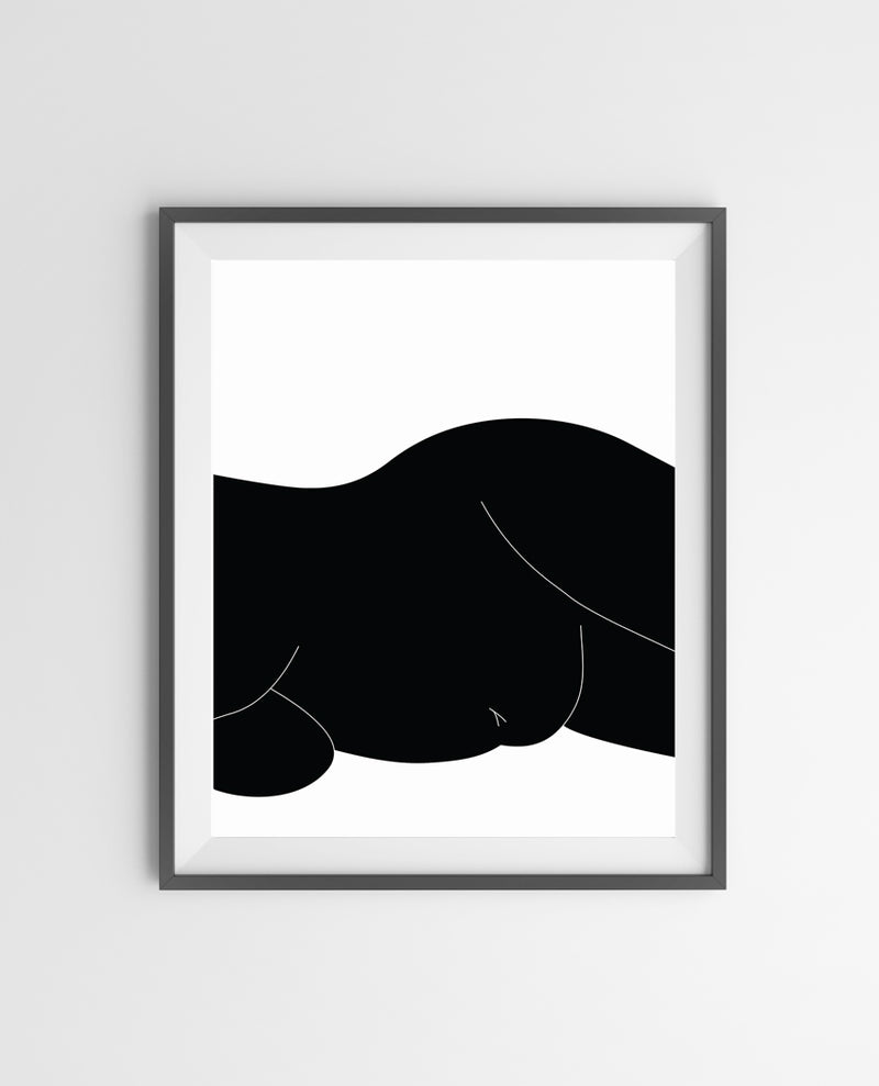 A black and white poster of a naked busty woman
