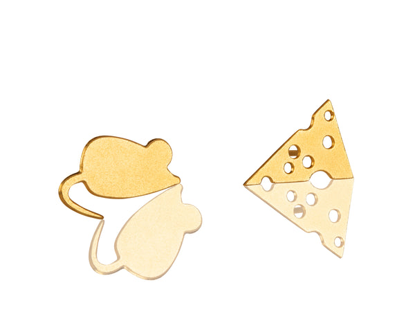 Yellow gold mouse and cheese earrings close to the ear