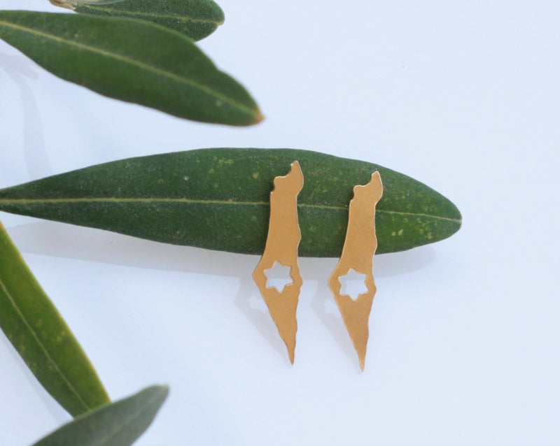 Map of Israel earrings with Star of David attached in gold
