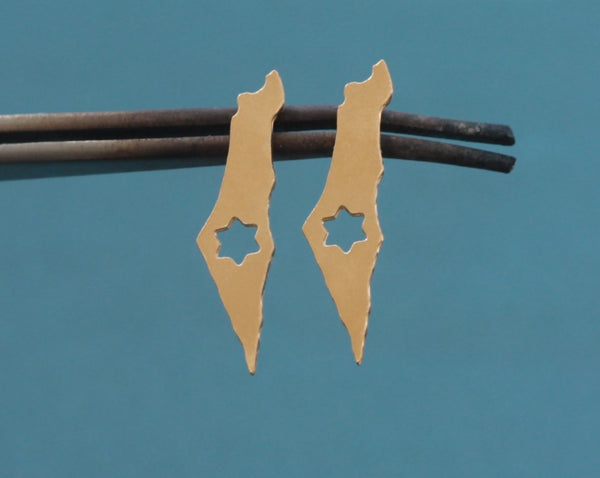 Map of Israel earrings with Star of David attached in gold