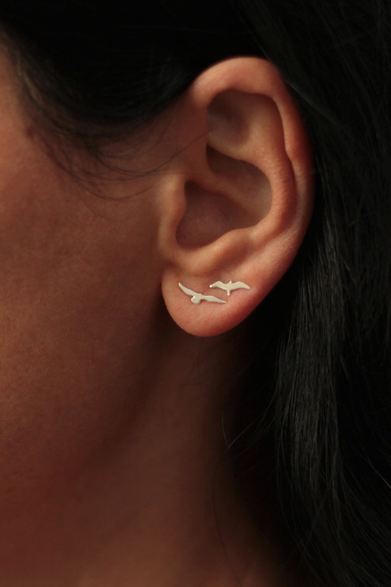 Earrings of different flying birds attached from silver