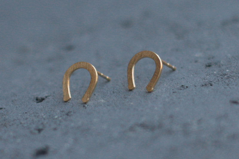 Small gold horseshoe earrings attached to the azon