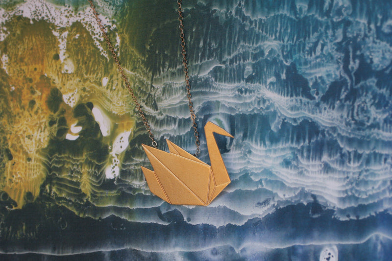 Origami gold swan necklace