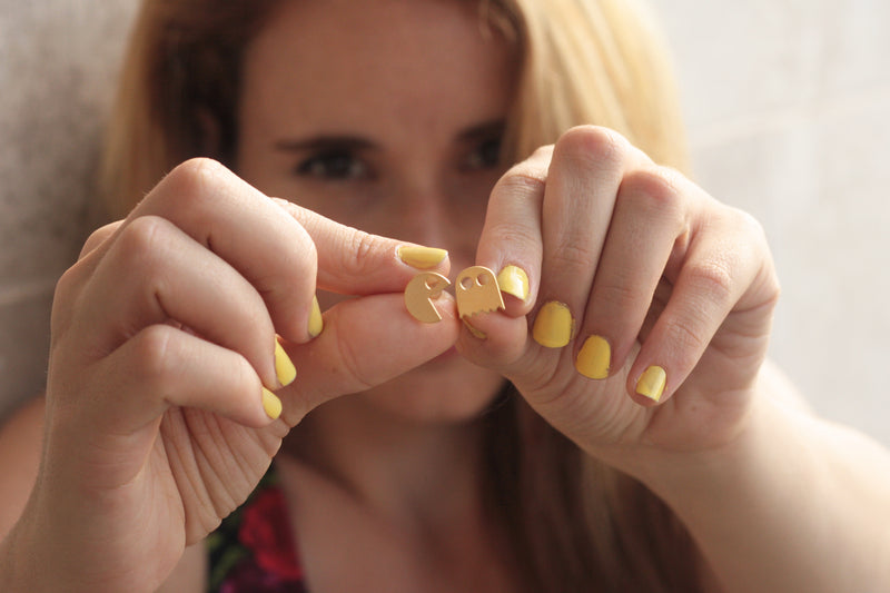 Pacman golden studded earrings