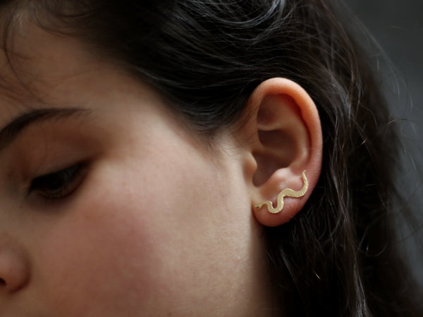 Gold serpentine snake earrings climbing