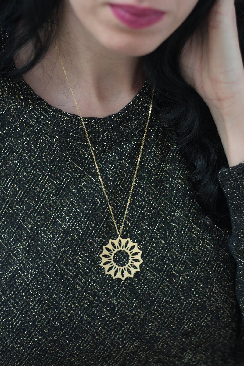 Gold sun necklace, round and long mandala necklace