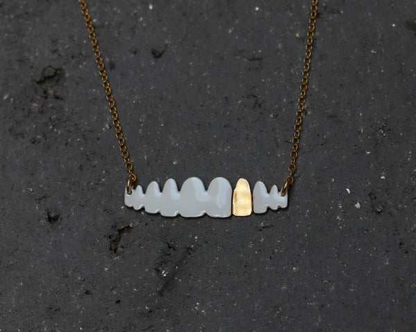 A necklace with a pendant of white teeth and a gold tooth