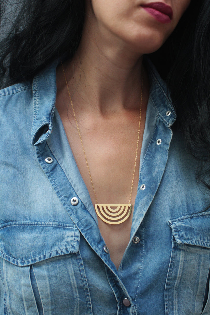 Long geometric half circle necklace