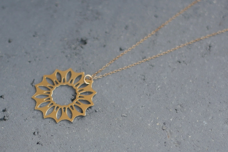Gold sun necklace, round and long mandala necklace